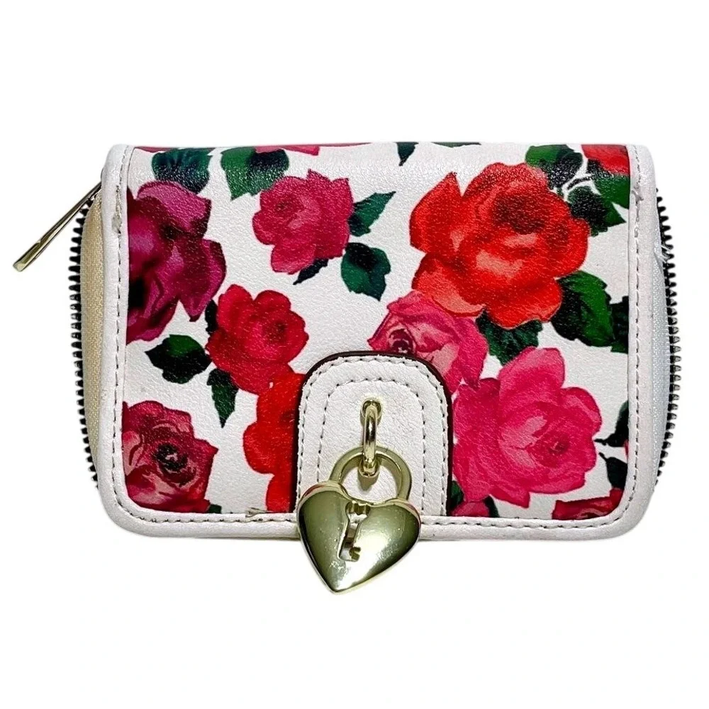 Y2K Juicy Couture‎ Floral Rose Heart Lock Zip Around Small Wallet White Red Pink